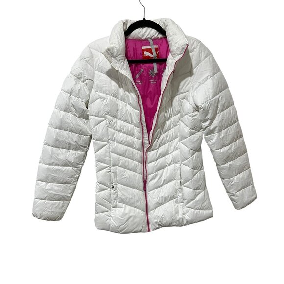 Puma White Down Puffer Jacket Sz S • Hot Pink Lining & Zipper • Short #560893 - Picture 2 of 7